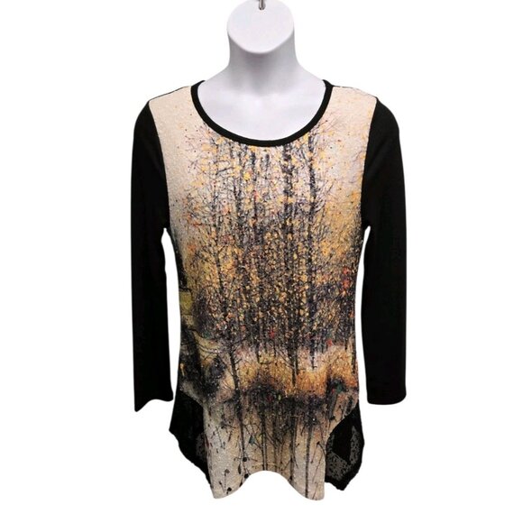 Flew De Lis Womens Large Black Knit  Forest Print Tunic Top Stretch Artsy Boho - Picture 1 of 8